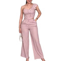 Conjunto elegante de top floral de un hombro y pantalones de pierna ancha