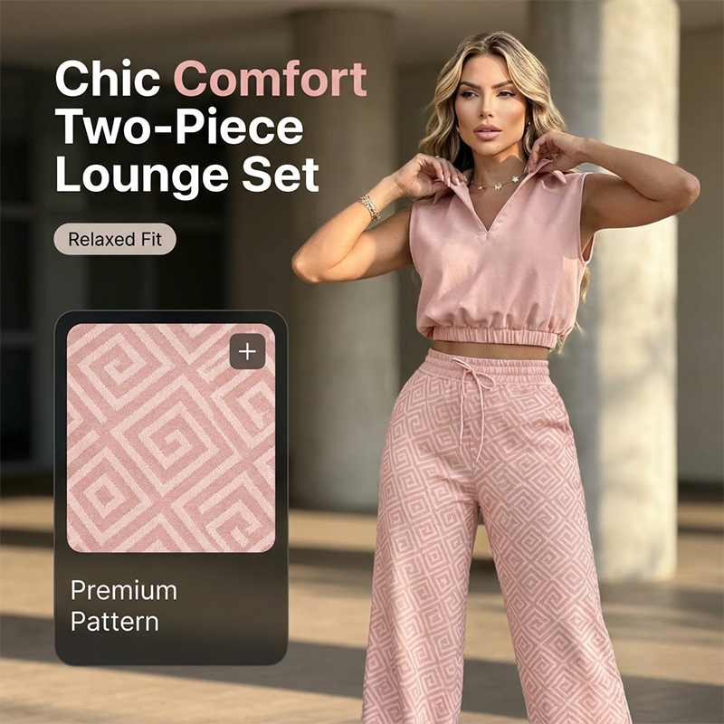 NOW Women's Two-Piece Lounge Set ¨C Collared Crop Top & Wide-Leg Pants