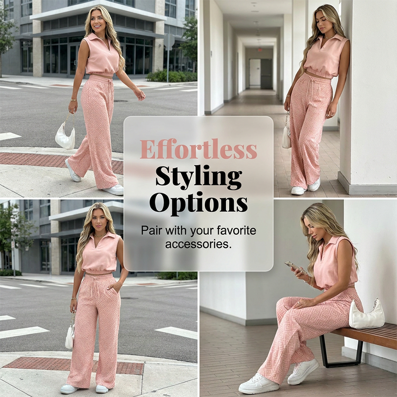 NOW Women's Two-Piece Lounge Set ¨C Collared Crop Top & Wide-Leg Pants