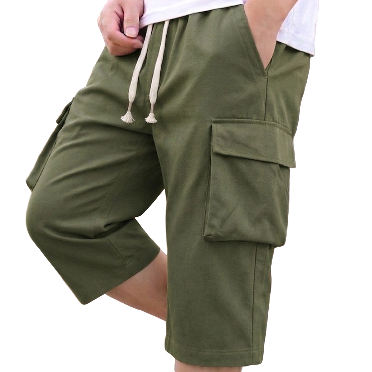 Pantalones cortos capri cargo informales para hombre con cintura ajustable mediante cordón