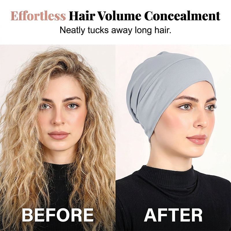 Gorro turbante elástico y suave gratis ¨C tejido de seda de leche y ajuste antideslizante ¨C disimulador del volumen del cabello ¨C multiuso para llevar bajo el pañuelo