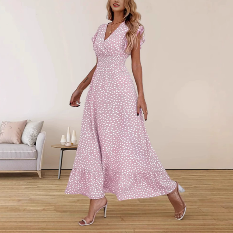 Dames maxi-jurk met V-hals, gesmockte details en hoge taille
