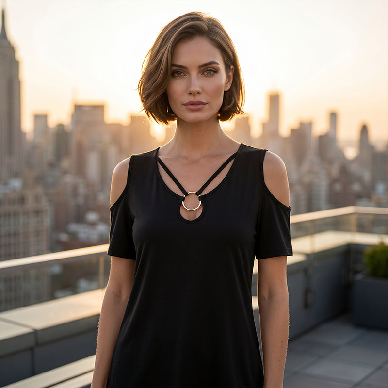 Top de escote en V con hombros descubiertos y detalle de aro para mujer