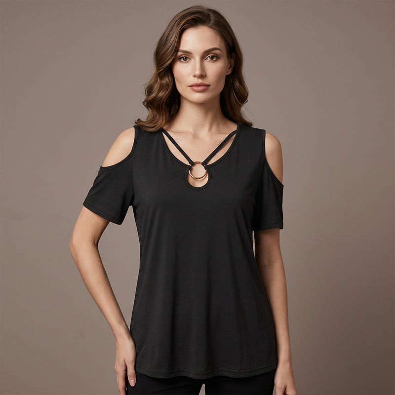 Top de escote en V con hombros descubiertos y detalle de aro para mujer