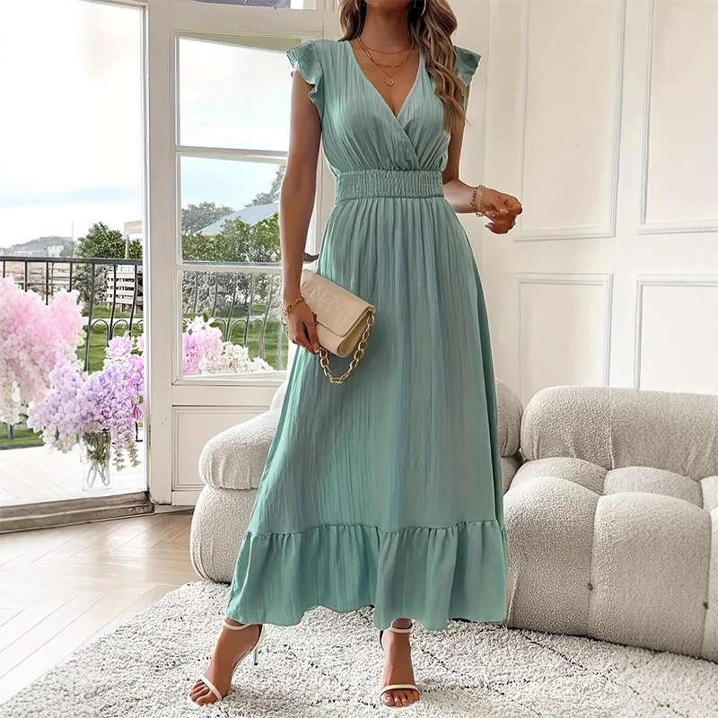 V-Neck Ruffled Waist-Defining Maxi Dress