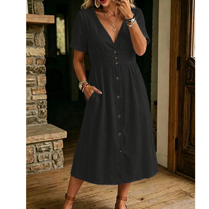 Élégance estivale sans effort - robe d'été pour femme à col en V et boutonnage