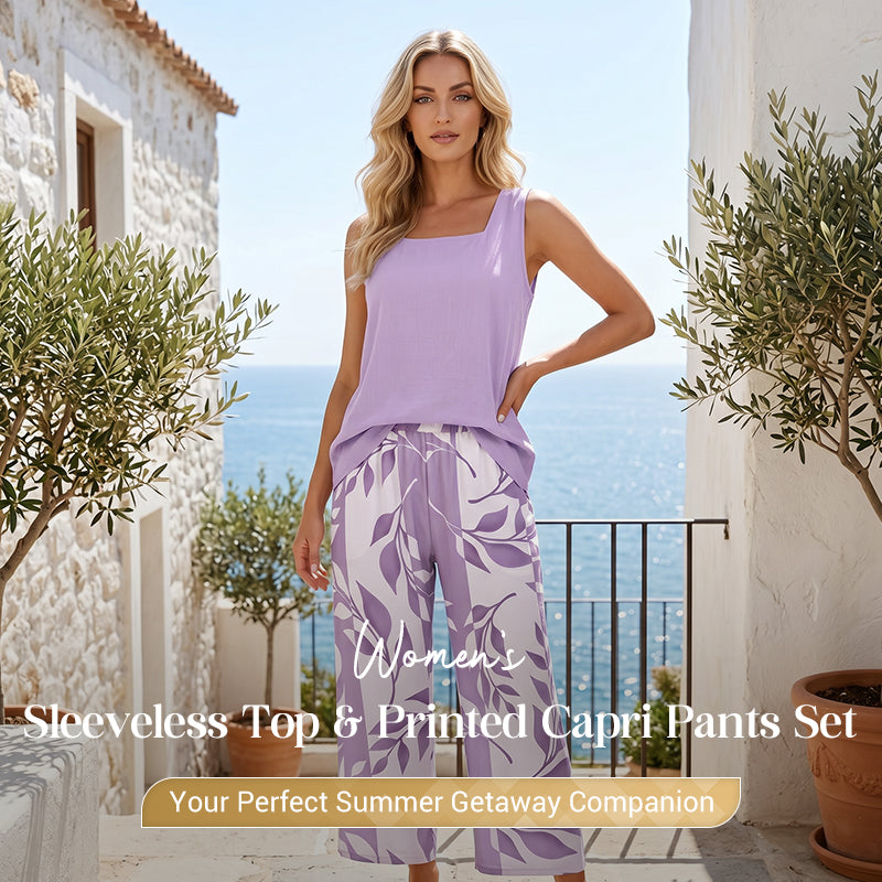 Completo con top senza maniche e pantaloni capri stampati
