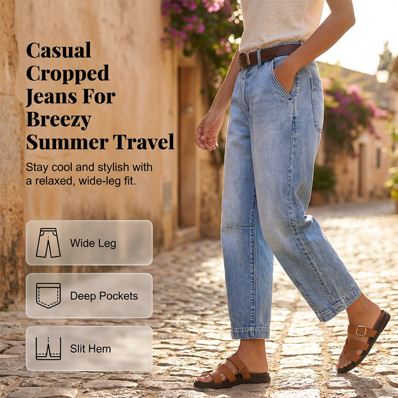Jeans cropped da donna a vita alta con gamba a barilotto