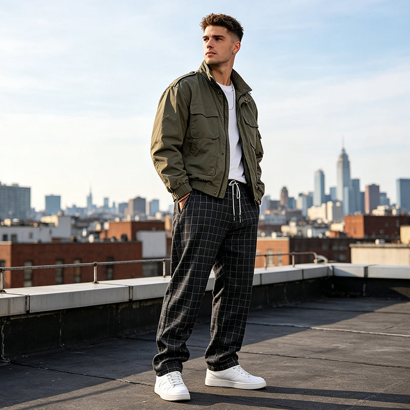 Pantalones de cuadros con cordón para hombre de talla grande