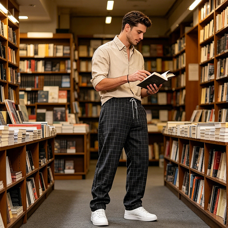 Pantalones de cuadros con cordón para hombre de talla grande