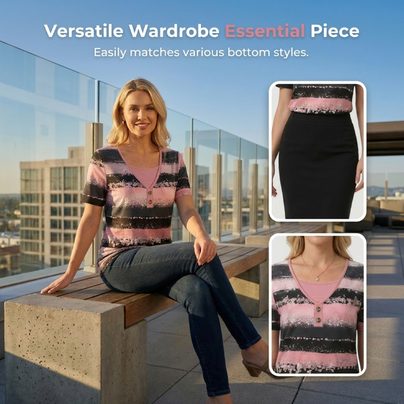 Top Henley da donna a righe effetto due pezzi