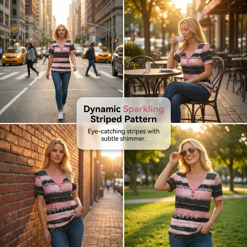 Top Henley da donna a righe effetto due pezzi