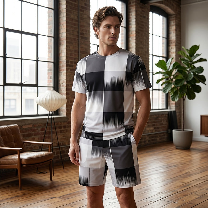 Nieuw: T-shirt- en shortset voor heren met abstracte print