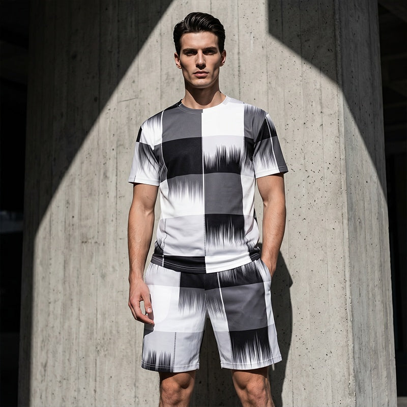 Nieuw: T-shirt- en shortset voor heren met abstracte print