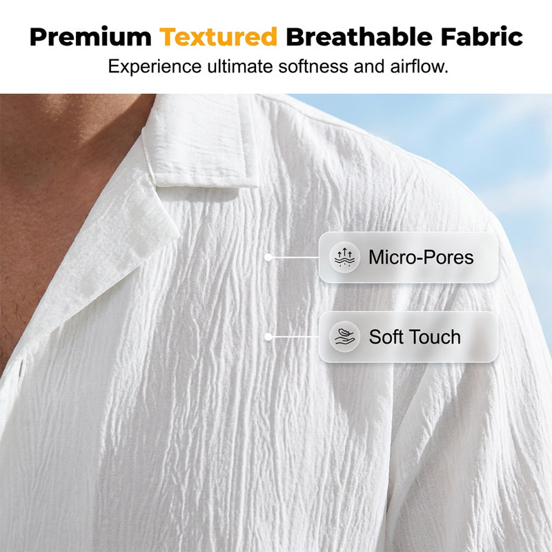 Camisas de manga corta con cuello de campamento y textura para hombre