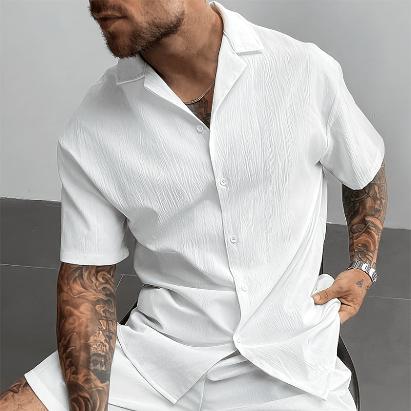 Camisas de manga corta con cuello de campamento y textura para hombre