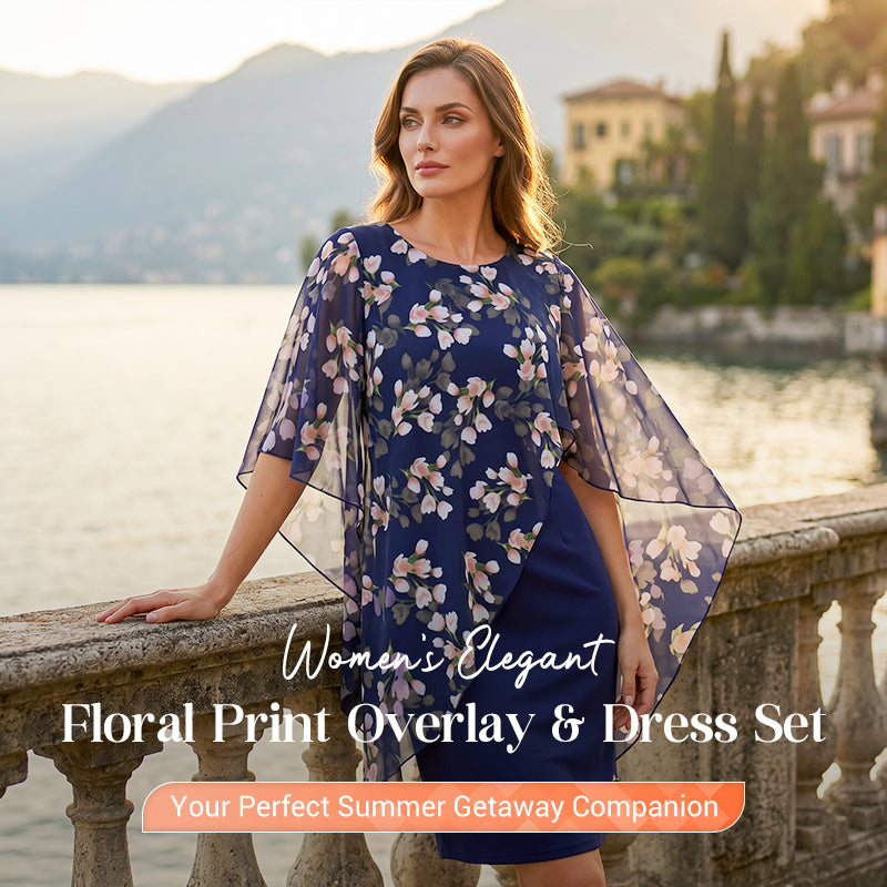 Conjunto elegante de mujer con sobrefalda y vestido de estampado floral