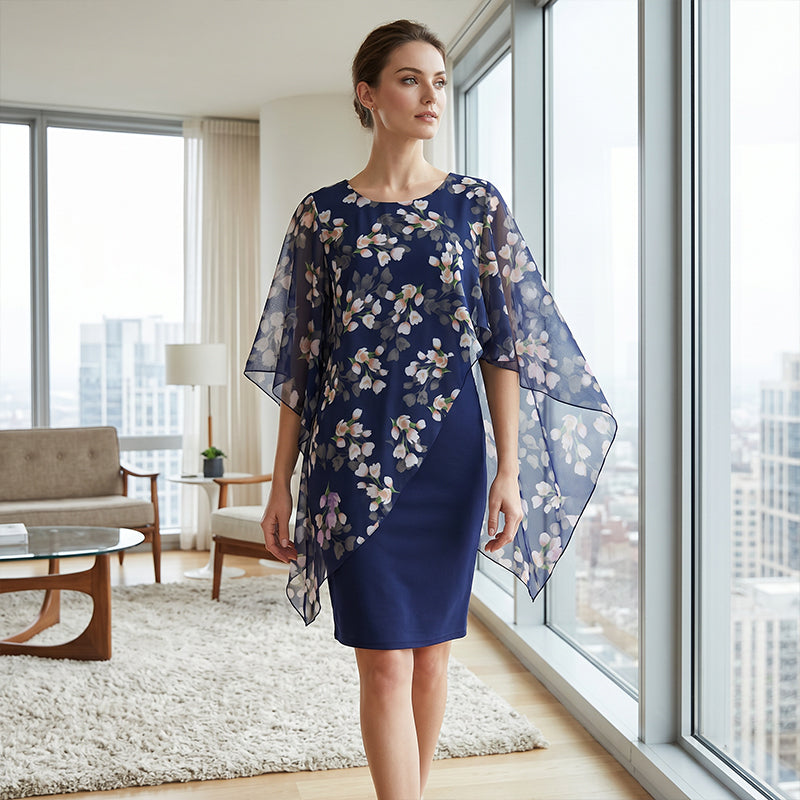 Conjunto elegante de mujer con sobrefalda y vestido de estampado floral