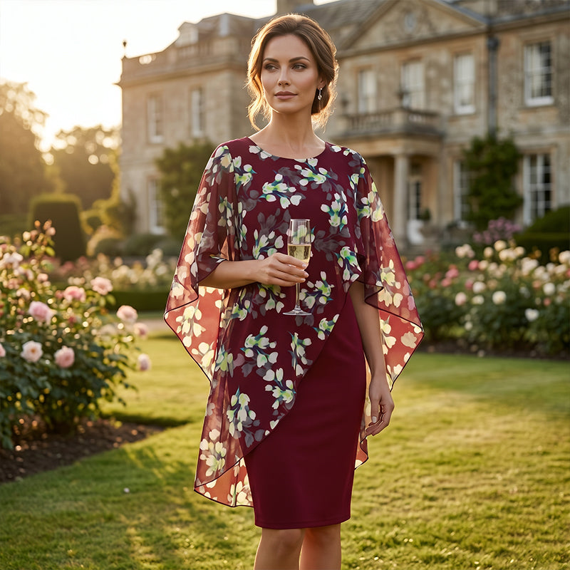 Conjunto elegante de mujer con sobrefalda y vestido de estampado floral