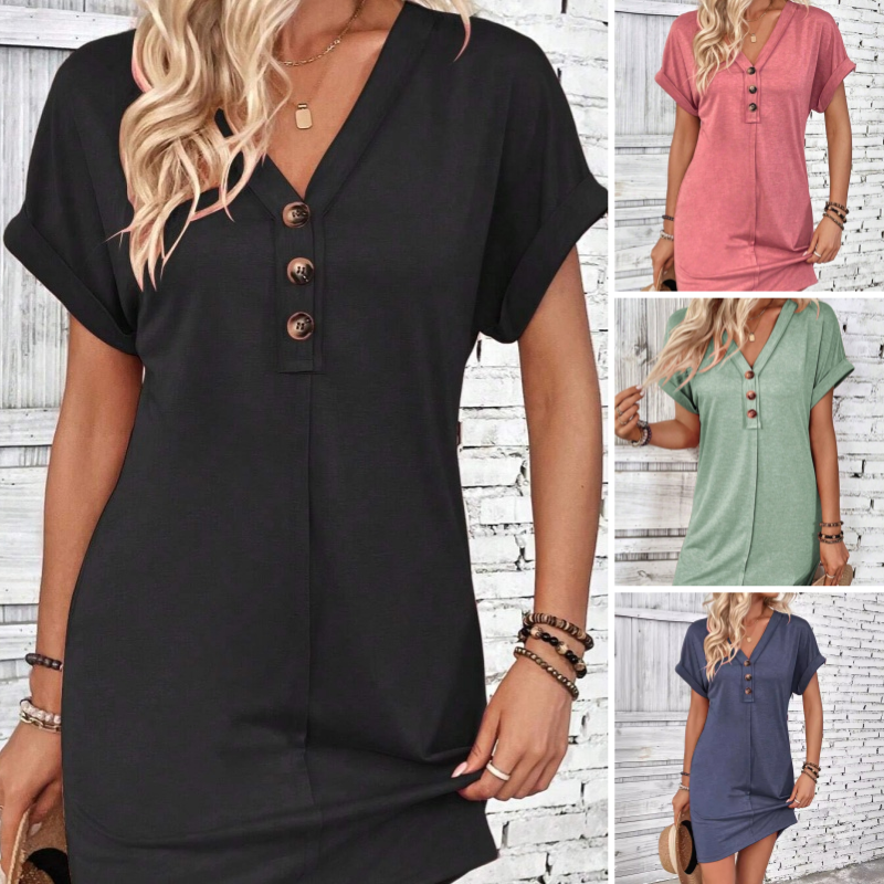 Vestidos de moda para mujer, lisos, con botones, cuello de pico y mangas remangadas