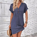 Vestidos de moda para mujer, lisos, con botones, cuello de pico y mangas remangadas