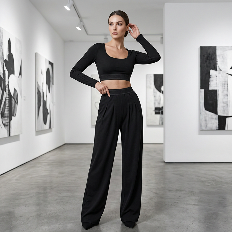 Women's Casual Crop Top & Wide Leg Pants Set