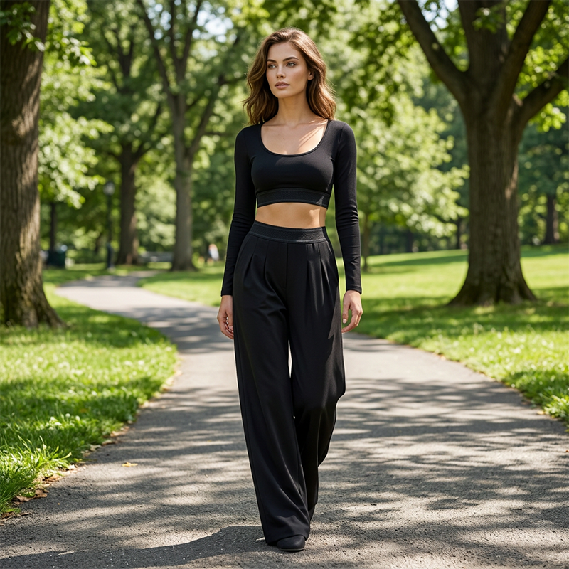 Women's Casual Crop Top & Wide Leg Pants Set