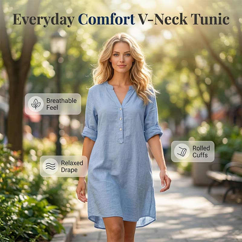 Vestido túnica informal con cuello de pico y botones para mujer