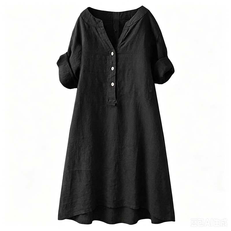 Vestido túnica informal con cuello de pico y botones para mujer