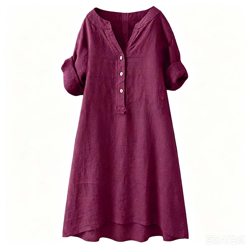 Vestido túnica informal con cuello de pico y botones para mujer