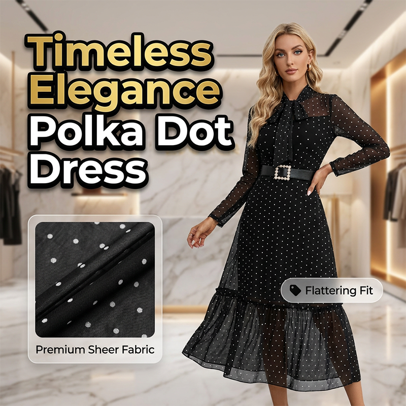Elegant Polka Dot Tie-Neck Midi Dress