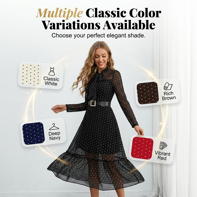 Elegant Polka Dot Tie-Neck Midi Dress