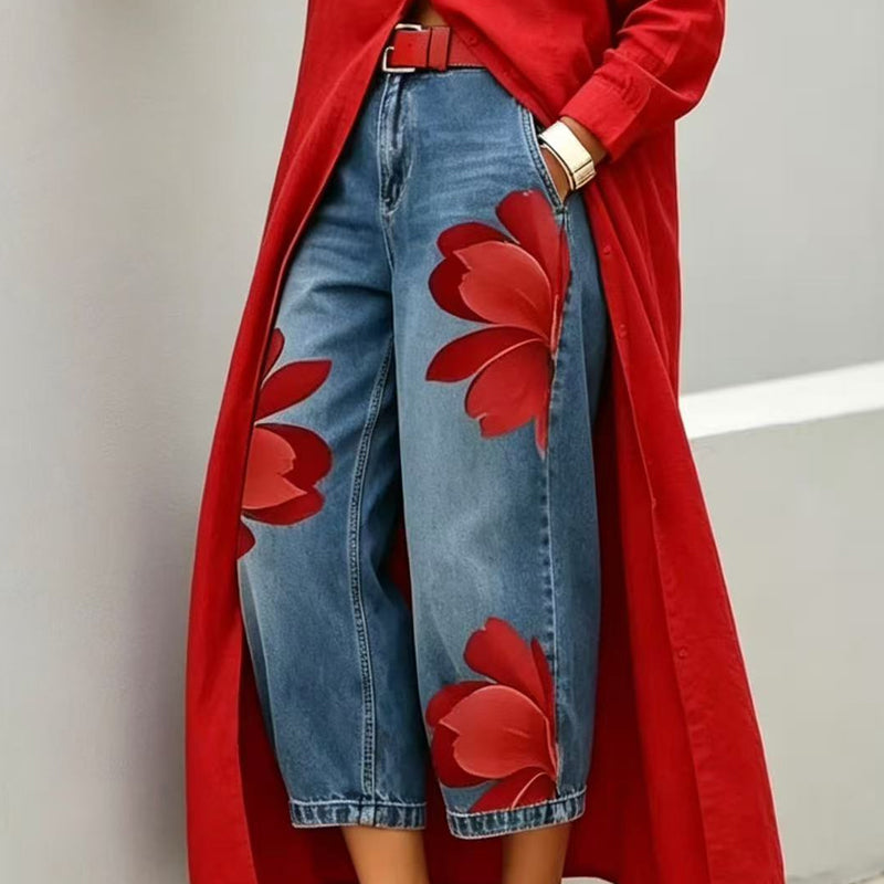 Damesjeans met wijde pijpen en bloemenmotief ¨C unieke applicatie, zacht, 6 kleuren