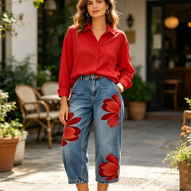Damesjeans met wijde pijpen en bloemenmotief ¨C unieke applicatie, zacht, 6 kleuren
