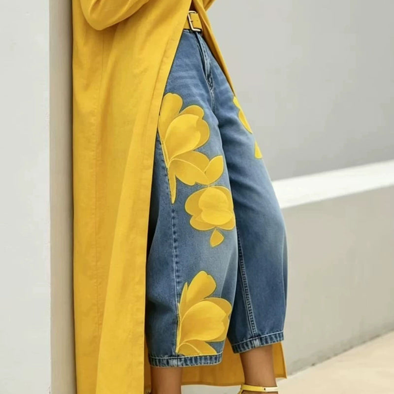 Damesjeans met wijde pijpen en bloemenmotief ¨C unieke applicatie, zacht, 6 kleuren