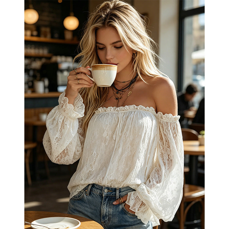 Top di pizzo bohémien da donna con spalle scoperte ¨C Trasparente, fluido, romantico