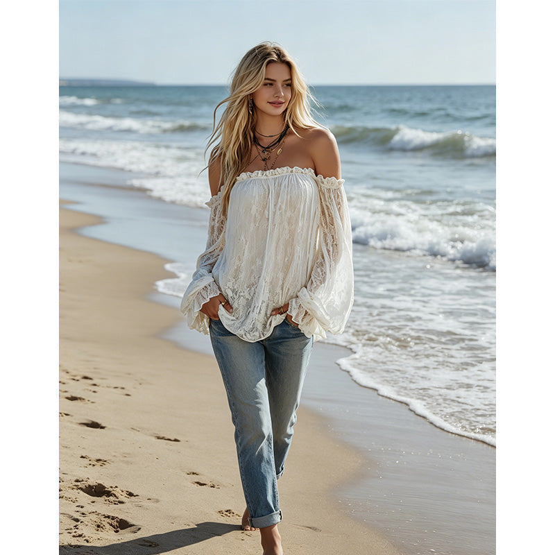 Top di pizzo bohémien da donna con spalle scoperte ¨C Trasparente, fluido, romantico