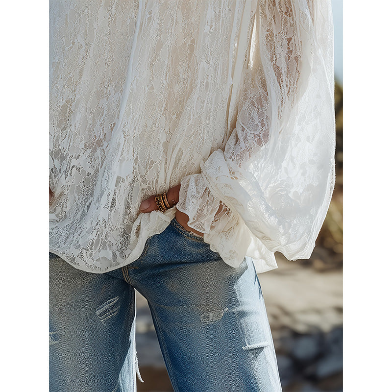 Top di pizzo bohémien da donna con spalle scoperte ¨C Trasparente, fluido, romantico