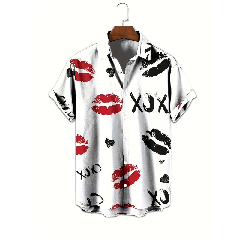 Camisa de manga corta con estampado de besos y botones para hombre