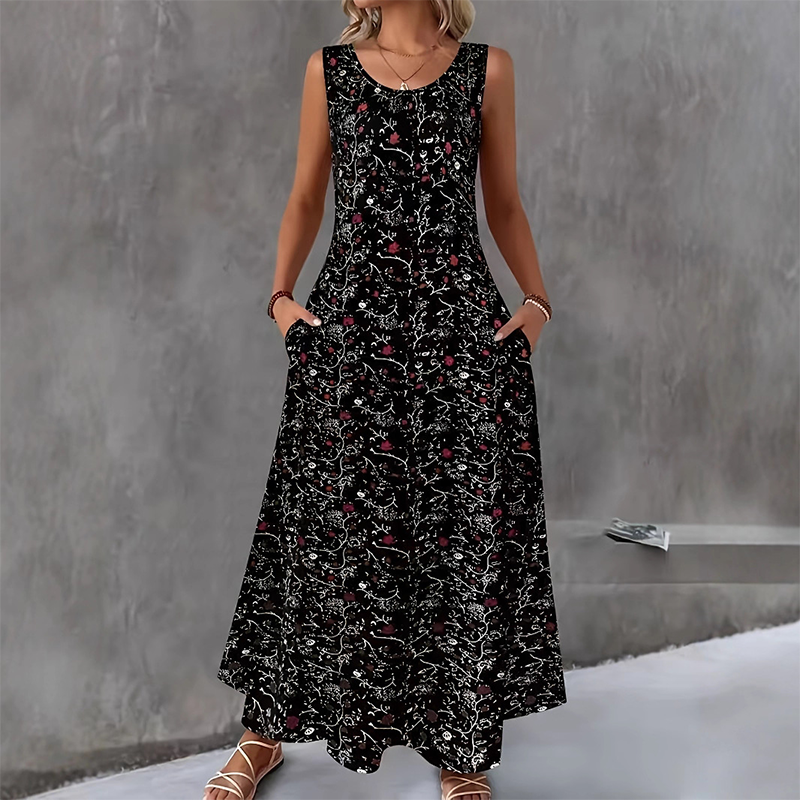 Women's Floral Print Sleeveless Maxi Dress with Pockets