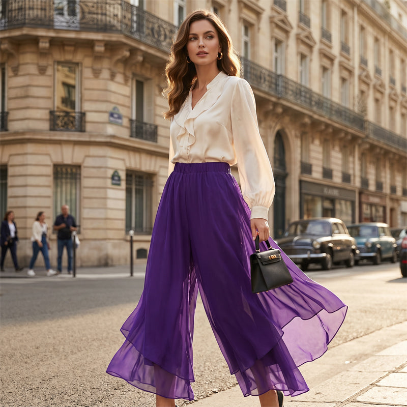 Pantaloni da donna asimmetrici in chiffon a gamba larga