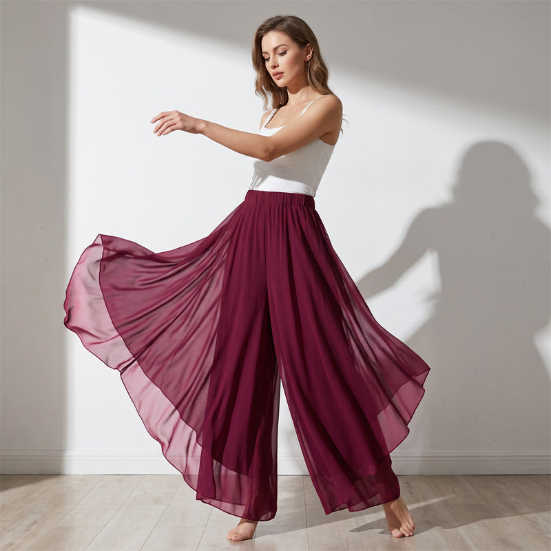 Pantaloni da donna asimmetrici in chiffon a gamba larga