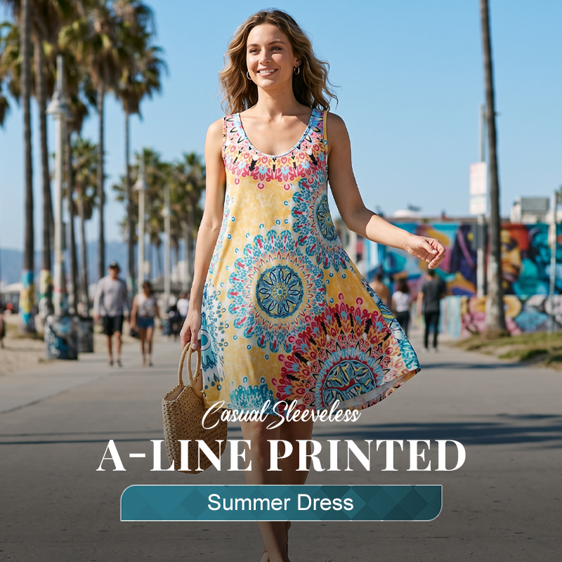 Vestido de verano informal, estampado, sin mangas y de corte en A