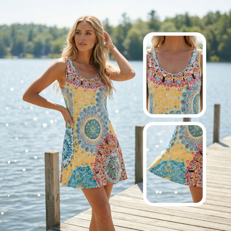 Vestido de verano informal, estampado, sin mangas y de corte en A
