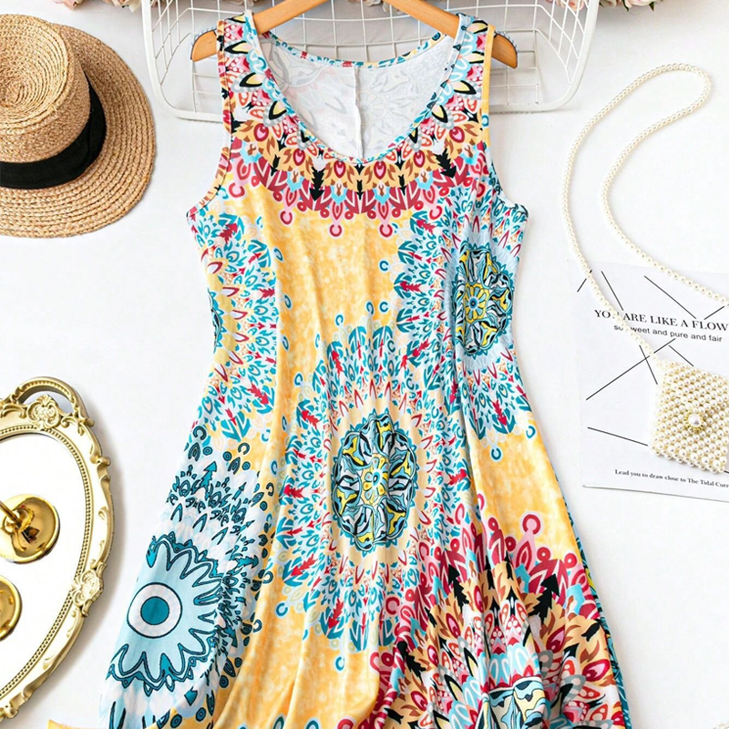 Vestido de verano informal, estampado, sin mangas y de corte en A