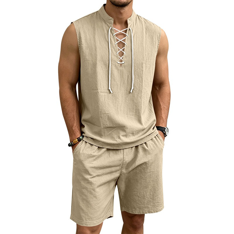 Conjunto de camiseta sin mangas con cordones y pantalones cortos de lino para hombre