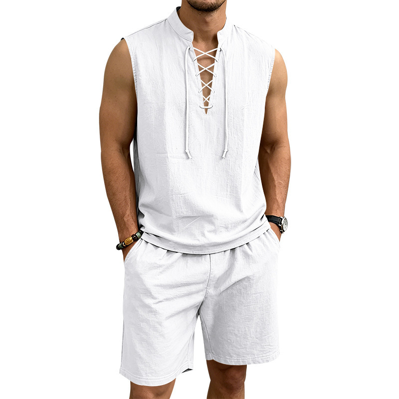 Conjunto de camiseta sin mangas con cordones y pantalones cortos de lino para hombre