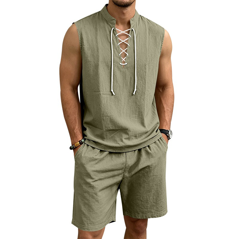 Conjunto de camiseta sin mangas con cordones y pantalones cortos de lino para hombre