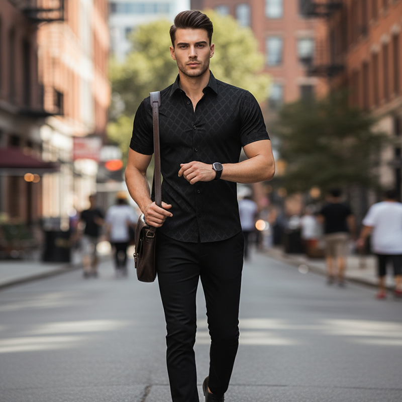 Men's Textured Black Short Sleeve Shirt