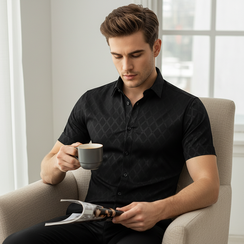 Men's Textured Black Short Sleeve Shirt
